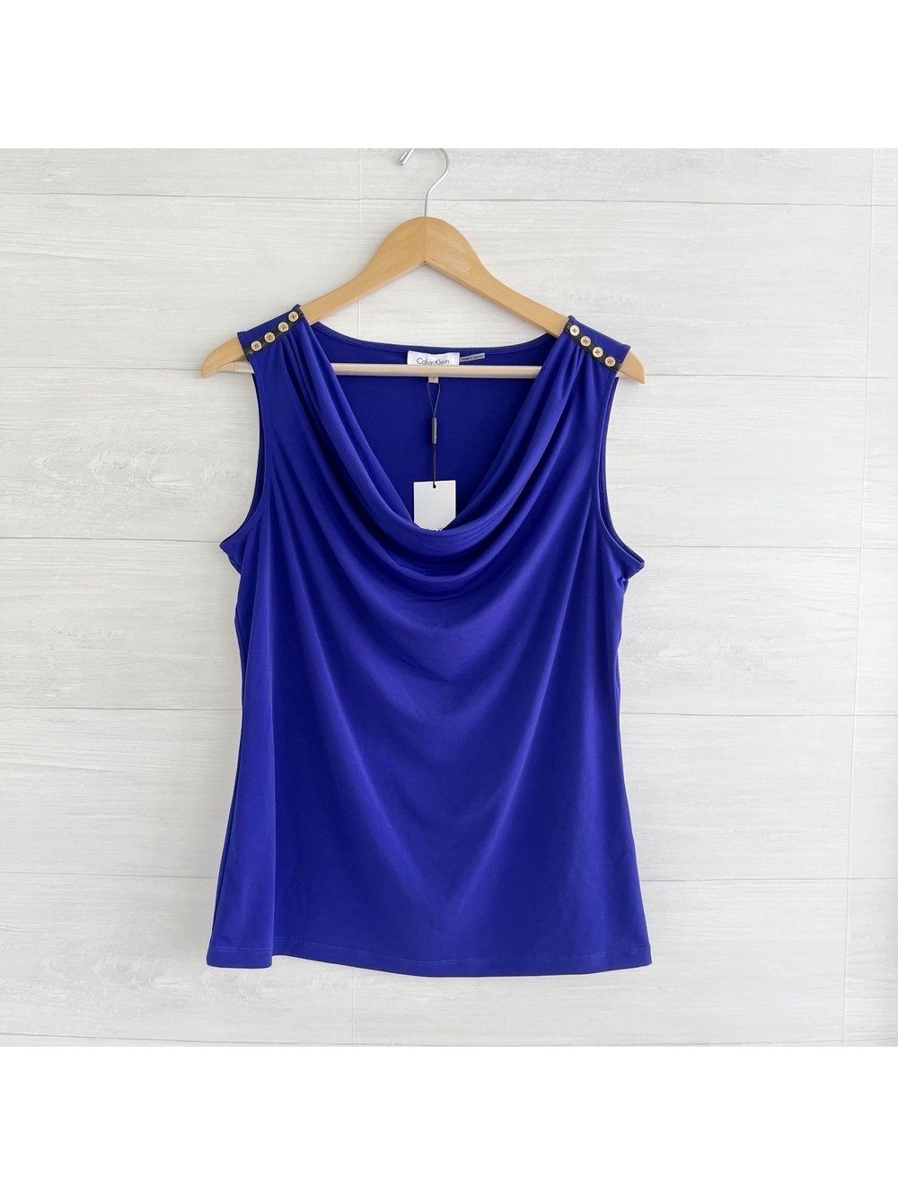 NWT Calvin Klein Indigo Cowl Neck Sleeveless Top Gold Button L